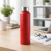 Red stainless steel water bottle front view