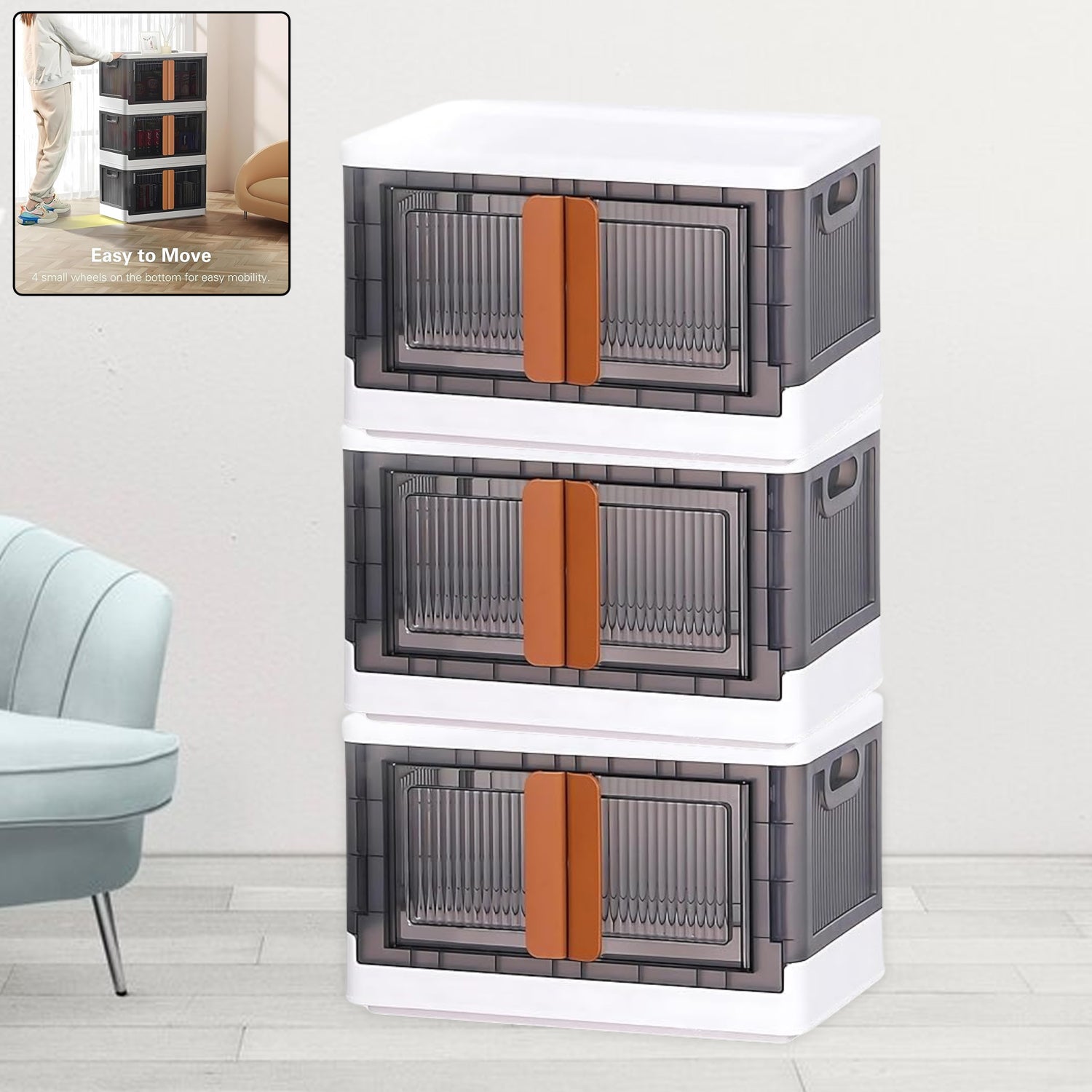 Plastic Folding Wardrobe Storage Organizer with wheels in black & white