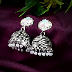 Pearl stud with blue & pink contemptory jhumka