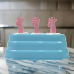 Close-up view of plastic giraffe ice molds showing six cells