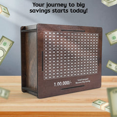 Side view of the wooden savings challenge box