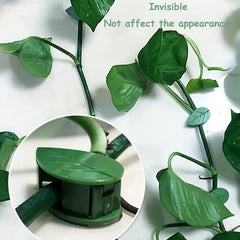 Leaf-shaped green plant climbing wall fixture clips set on white background