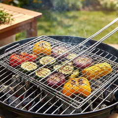 Close-up of rectangular mesh basket for grilling