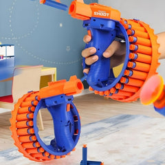 Electric toy gun demonstrating 28-shot rotating magazine