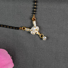 American Diamond Floral Mangalsutra – Black Beaded Chain, Delicate Design for Women, Perfect for Gifting