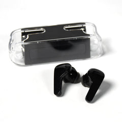 Black wireless earbuds with Bluetooth feature