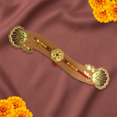 Auspicious Hexagonal Meenakari Rakhi with Diya and Marigold Flowers