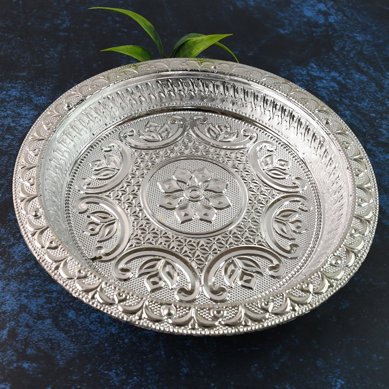 Traditional Silver Finish Plastic Pooja Thali with embossed floral design