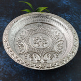 Traditional Silver Finish Plastic Pooja Thali with embossed floral design