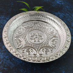 Traditional Silver Finish Plastic Pooja Thali with embossed floral design