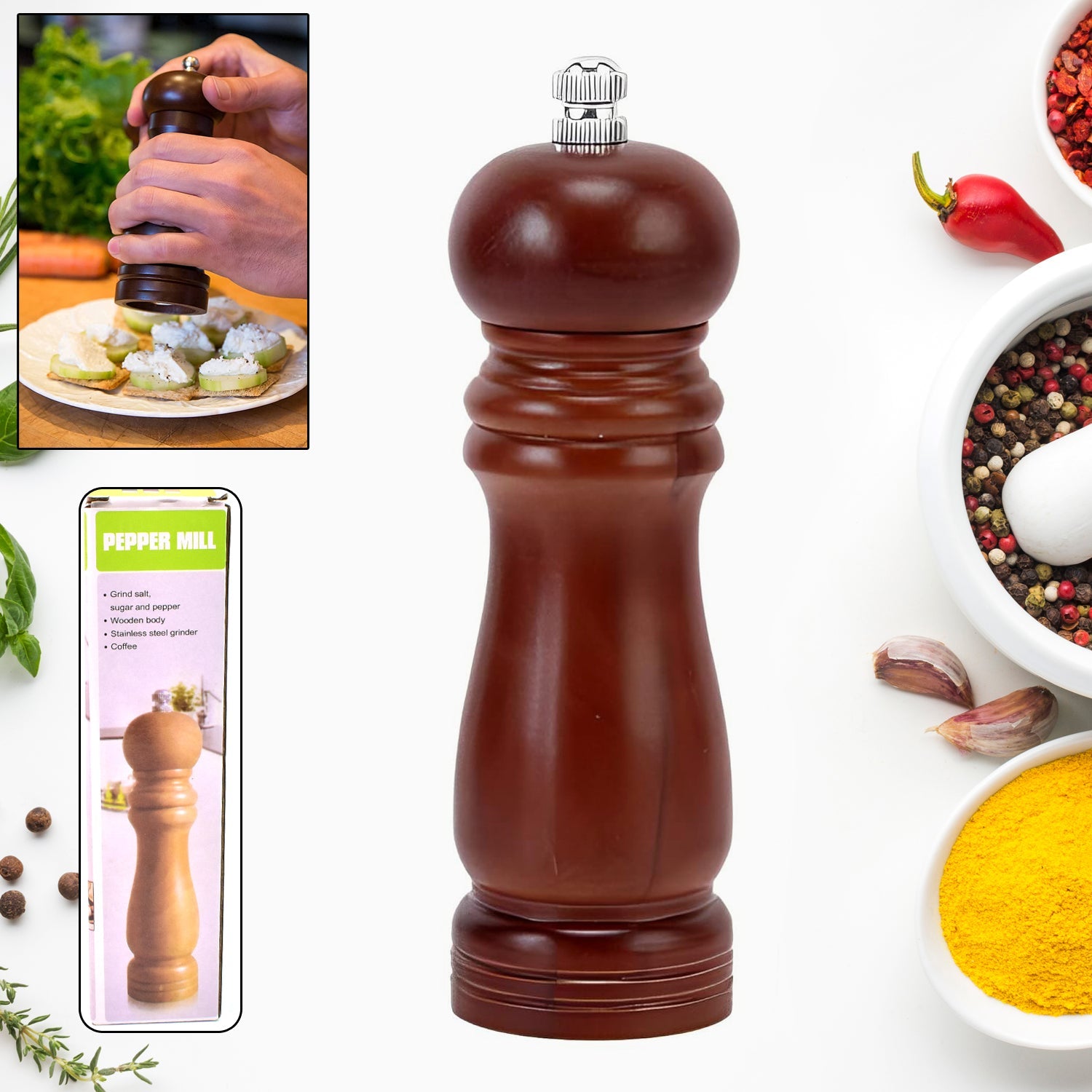 Wooden 6 inch pepper mill grinder with adjustable ceramic rotor