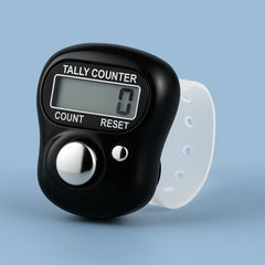 Finger tally counter showing adjustable strap
