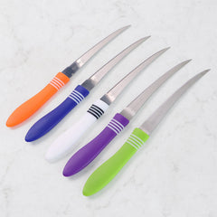 Assorted colorful handles of the 12-piece stainless steel knife set.