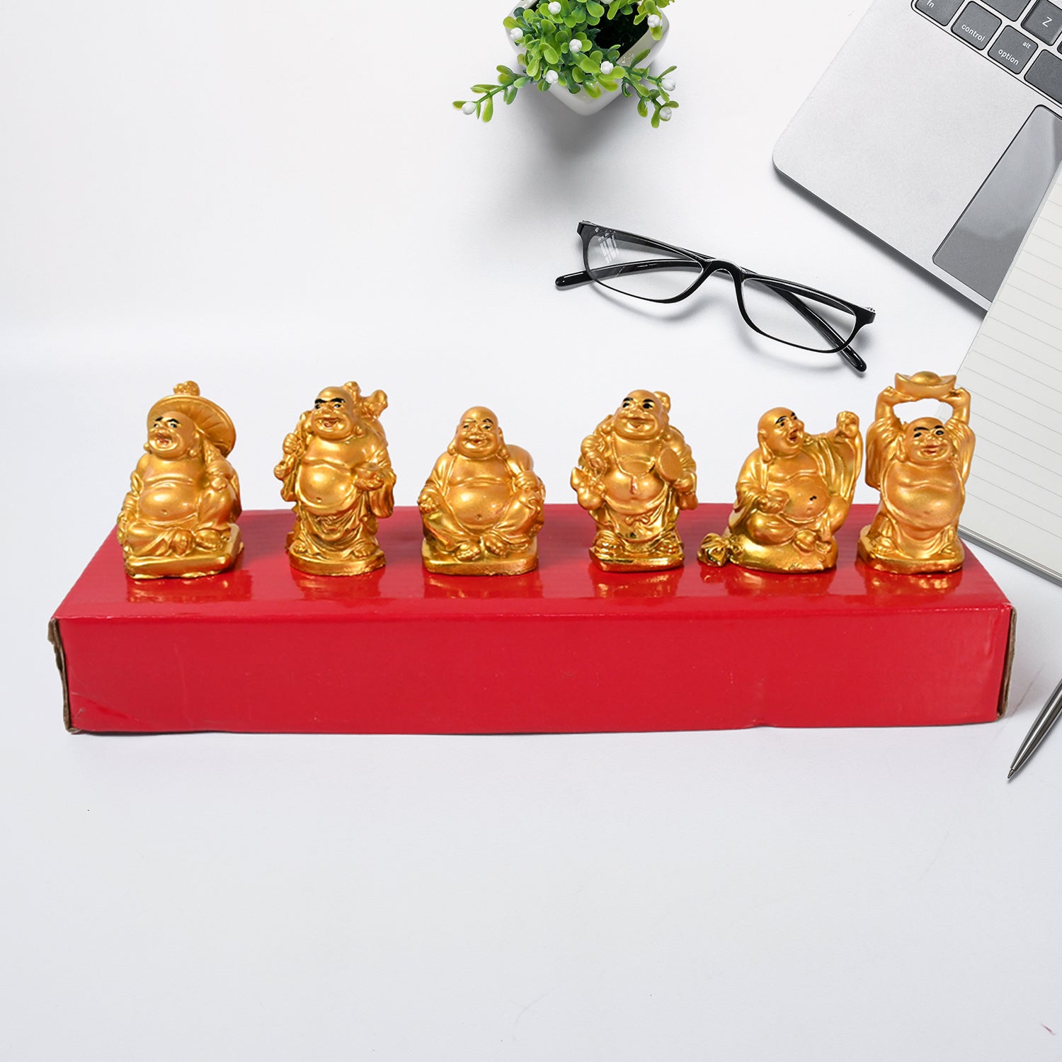 17924 Golden Laughing Buddha Set Of Six Pieces Statue For Happiness, Wealth & Good luck Decor For Wealth and Success (6 Pcs Set)