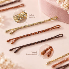 Three glitter bobby pins in gold, copper, and dark brown, with close-ups of their sparkle and rounded ends.