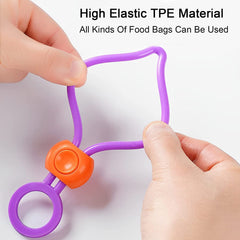 Elastic button on reusable sealing clip for adjustable size