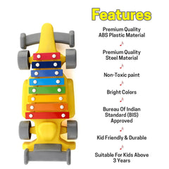 Musical car toy with blue & yellow piano keys