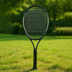 Side view of lightweight tennis racket showing cushioned grip