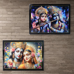 Lord Krishna Radha Wall Painting Wooden Frame 60x45 Cm Approx (1 Pc / Mix Design)