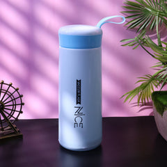 Plastic bottle with carry strap in blue and white