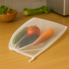 Durable reusable grocery mesh bags with drawstrings