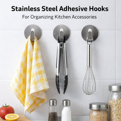Multiple stainless steel self-adhesive hooks holding items