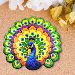Side view of round peacock floor mat