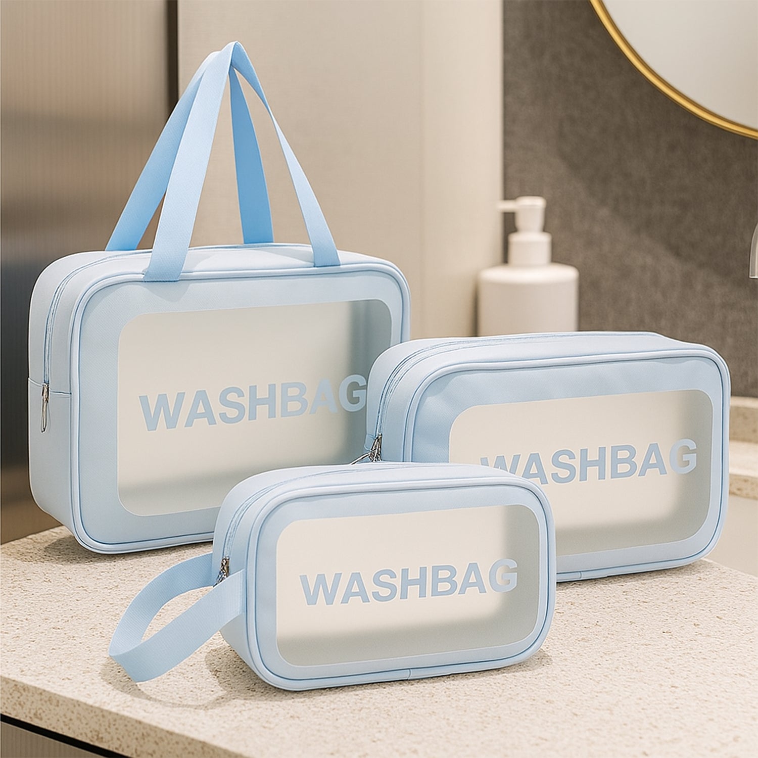 3-IN-1 Waterproof Transparent Travel Toiletry Bag Set front view