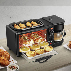 3-in-1 Breakfast Maker with toaster oven, grill pan, and coffee maker