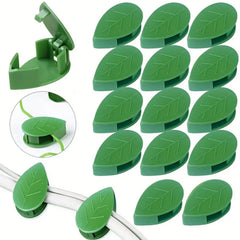 Close-up of green leaf-shaped plant clip with adhesive