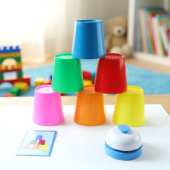 Cup Stacking Challenge Game with bells and cards