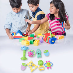 Assortment of colorful baby rattles & teethers