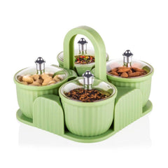 Side view of airtight plastic storage jars with snacks inside