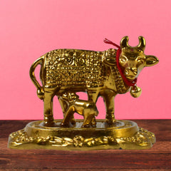 Sacred Kamdhenu Cow and Calf Metal Idol