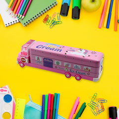 Side profile of the double-decker metal pencil box, highlighting its compact and playful design.