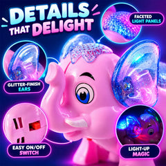 Close-up of a pink elephant toy highlighting faceted light panels, glitter-finish ears, and an easy on/off switch.