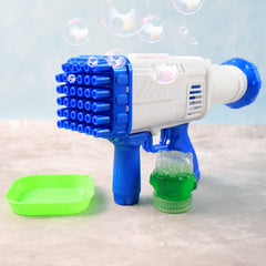 Close-up of big rocket boom bubble blower toy in action