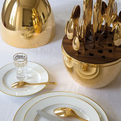 Premium 24-piece golden cutlery set with oval-shaped stand