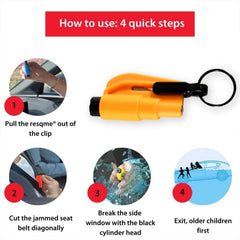 Close-up of the emergency safety cutter keychain showing seat belt cutter blade