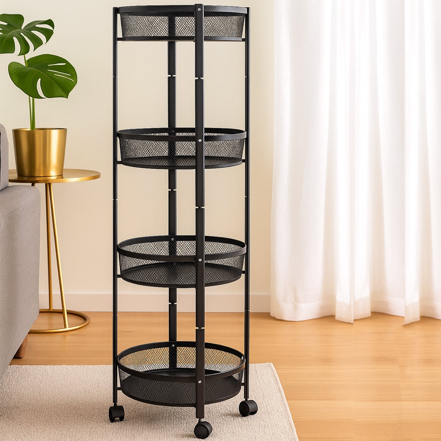 Metal Round Storage Cart with 4 mesh baskets and wheels