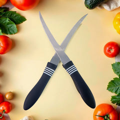 Two curved serrated knives with black ergonomic handles