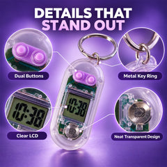 A transparent digital clock keychain with purple buttons and a metal ring, highlighting its features.