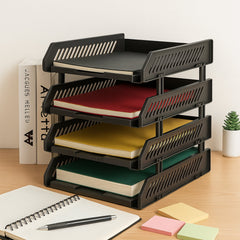 Front view of office file rack showing four storage layers