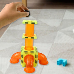 Colorful magnetic marble run construction set in action