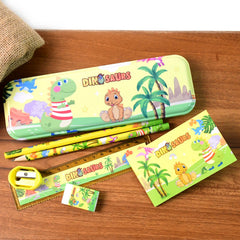 Kids stationery set components laid out showing pencils and ruler