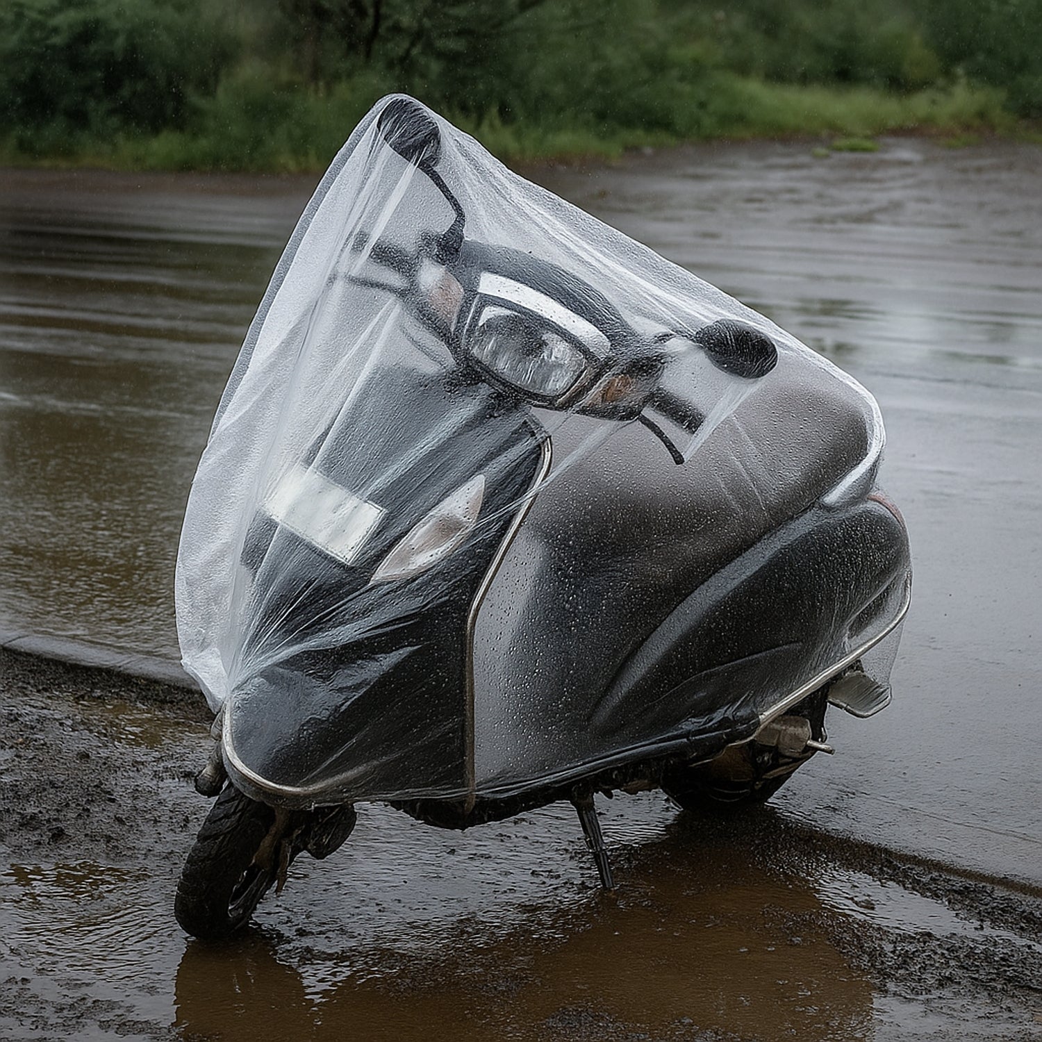 Plastic Activa Cover protecting scooter from rain