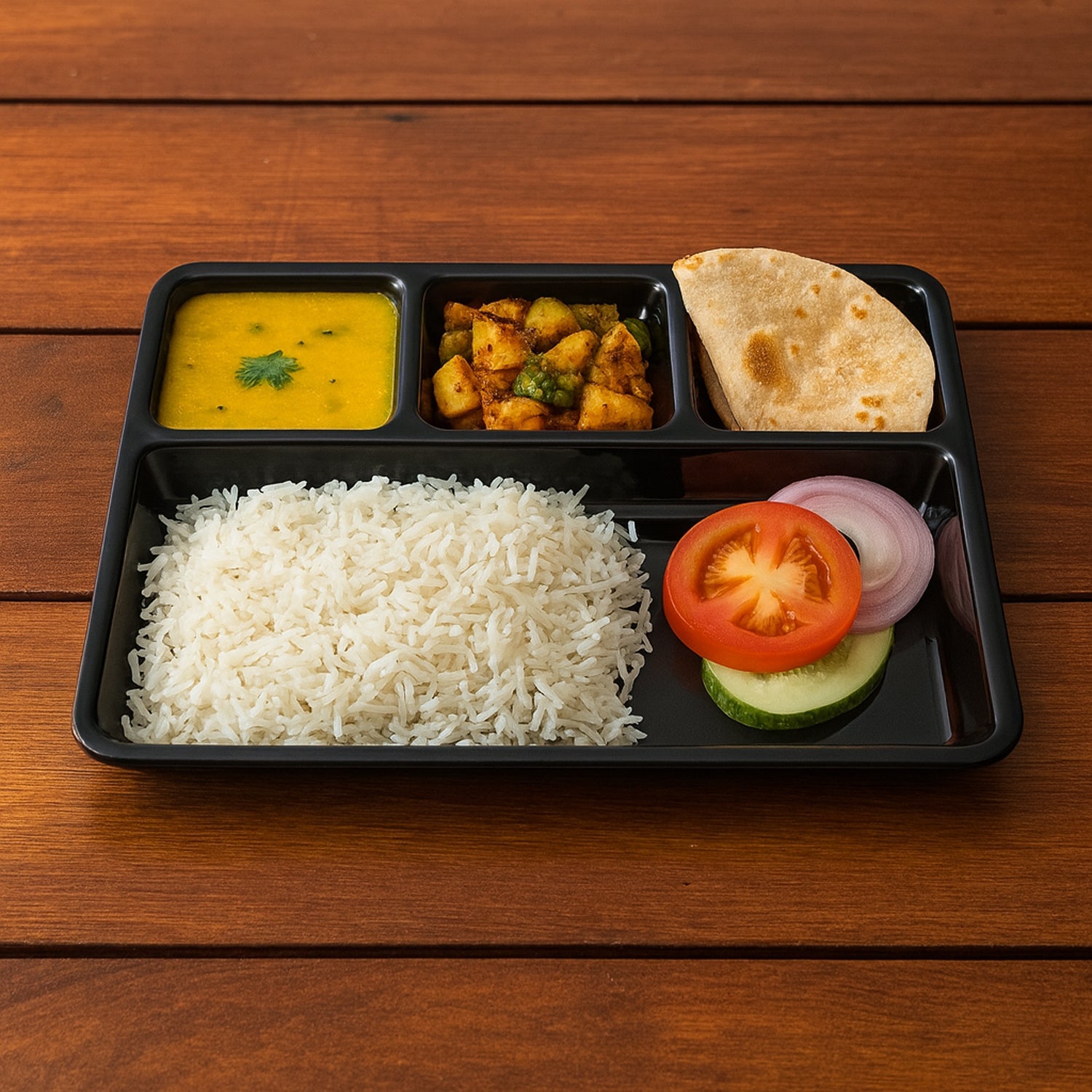 Sectioned dining plate with four compartments for portioning