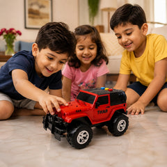 Top view of friction powered toy off-road jeep car for kids