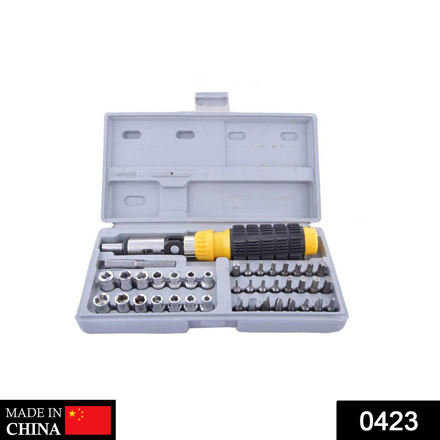 Socket and screwdriver kit with various tools laid out