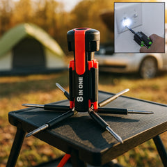 8-in-1 multi-function screwdriver kit with folding tips and LED torch